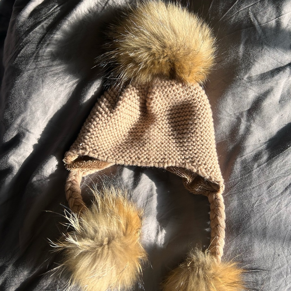 Rudsak Tan Knit Kids Hat with Pom Poms